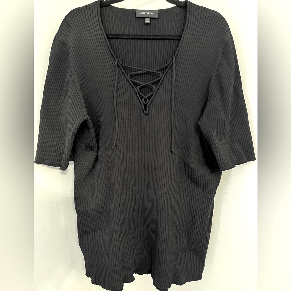 Lane Bryant Black Ribbed Lace Up Top